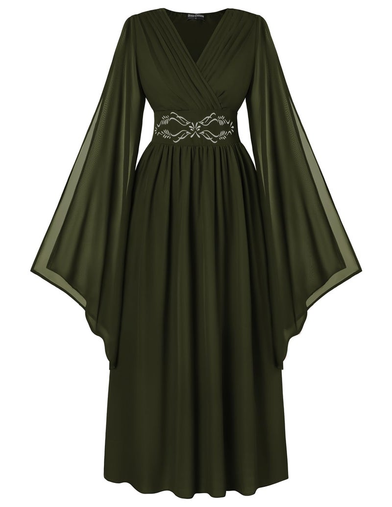 Scarlet Darkness Women's Renaissance Costume Wrap V Neck Split Bell Sleeve Embroidery Long Dresses with Pockets - Image 1