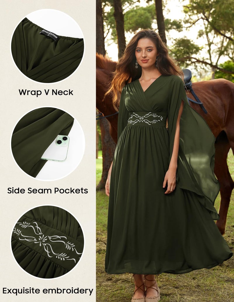 Scarlet Darkness Women's Renaissance Costume Wrap V Neck Split Bell Sleeve Embroidery Long Dresses with Pockets - Image 5