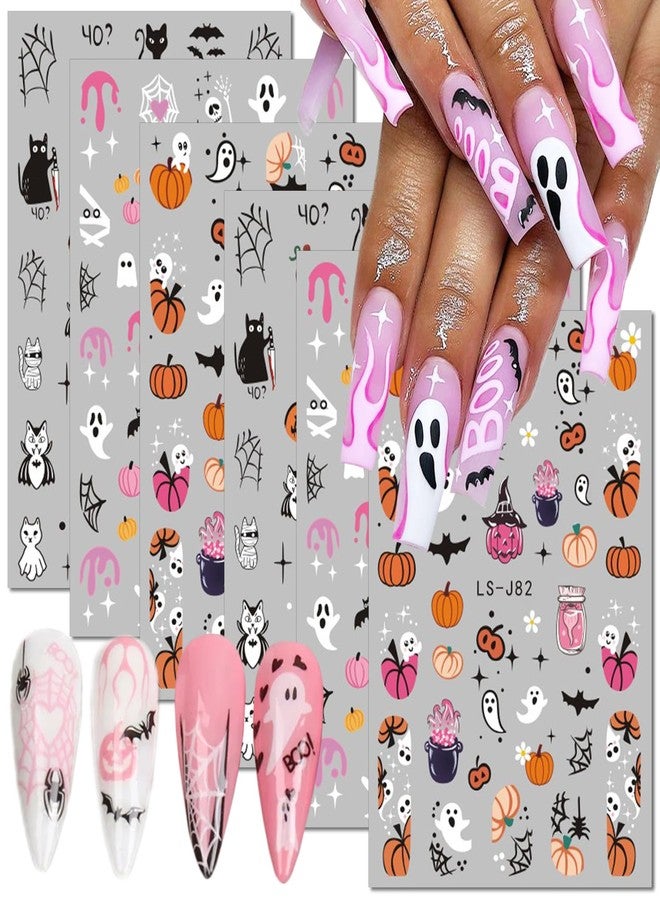 LRKNNO Halloween 3D Nail Stickers, Paper Decals for Women, Ghost, Skull, Pumpkin, Spider, Cat, 6 Sheets - Image 1
