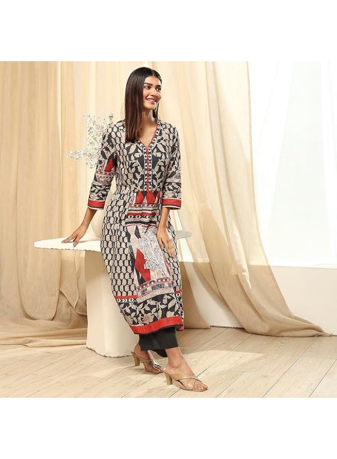 BIBA Women Cotton A Line Printed kurta with pant Set xl - Image 1