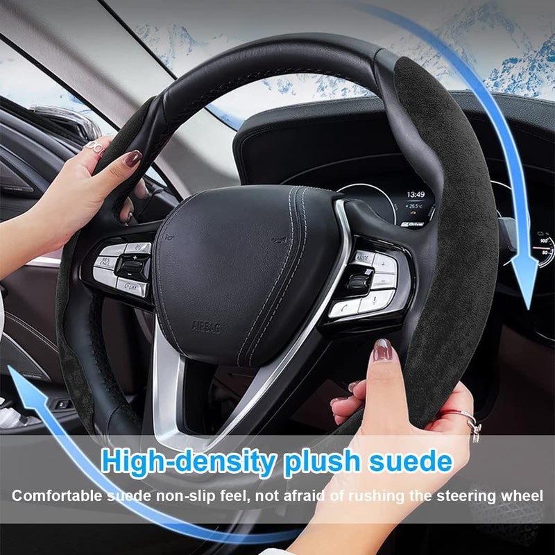 AUTOMAZE New Suede Soft Touch Texture Steering Wheel Grip Cover for Cars, Safe and Non Slip Car Interior Accessory (Suede Black) - Image 4
