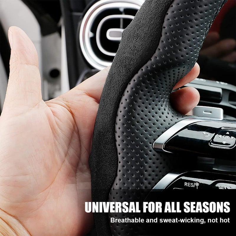 AUTOMAZE New Suede Soft Touch Texture Steering Wheel Grip Cover for Cars, Safe and Non Slip Car Interior Accessory (Suede Black) - Image 3