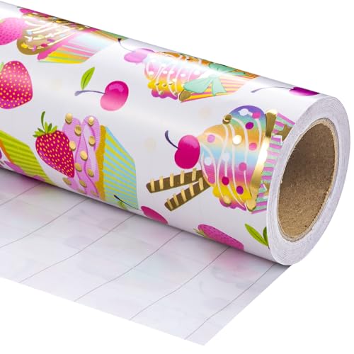 WRAPAHOLIC Cupcake Birthday Wrapping Paper Mini Roll 17 Inch x 165 Feet Gold Foil Cupcakes Strawberry Wrapping Paper for Kids Girls Baby Showers Weddings - Image 3