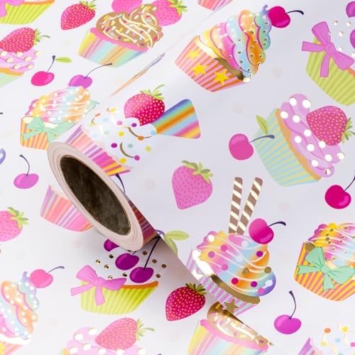 WRAPAHOLIC Cupcake Birthday Wrapping Paper Mini Roll 17 Inch x 165 Feet Gold Foil Cupcakes Strawberry Wrapping Paper for Kids Girls Baby Showers Weddings - Image 1