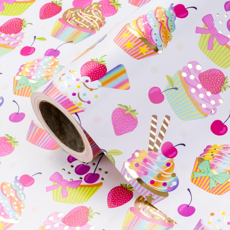 WRAPAHOLIC Cupcake Birthday Wrapping Paper Mini Roll 17 Inch x 165 Feet Gold Foil Cupcakes Strawberry Wrapping Paper for Kids Girls Baby Showers Weddings - Image 2