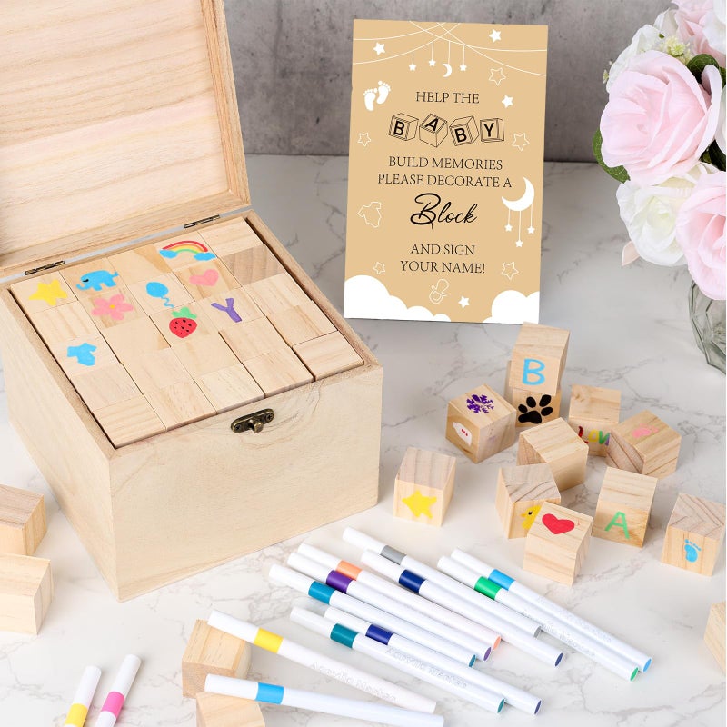 Himake 150 PCS Cloud Baby Shower Games Sign Kit Includes 100 Wooden Blocks, 48 Markers, 1 Game Sign, 1 Storage Box for Baby Shower Gender Reveal Activity Party Decorations - Image 3