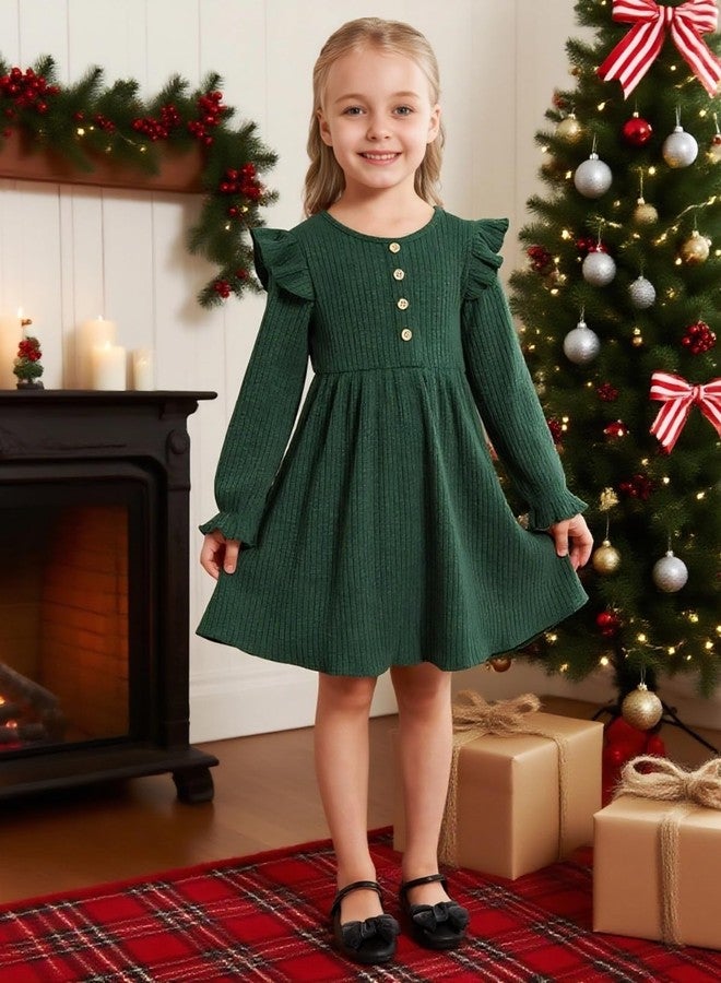 ESHOO فستان إيشو لفتاة صغيرة فساتين سويتير للبنات فساتين بأكمام طويلة مزخرفة منسوجة عادية لفصل الخريف للأطفال من 2-7 سنوات باللون الأخضر - Image 3