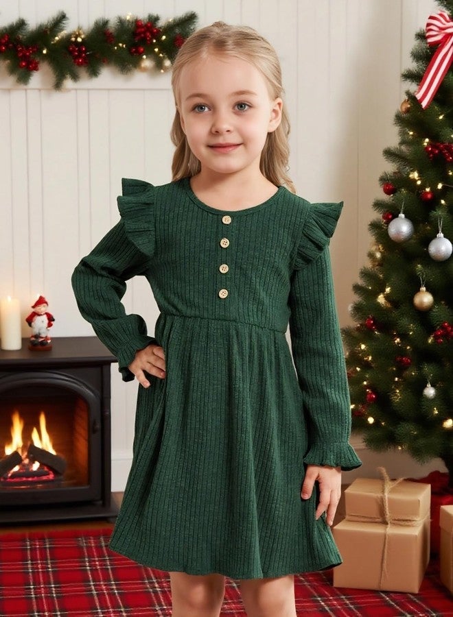 ESHOO فستان إيشو لفتاة صغيرة فساتين سويتير للبنات فساتين بأكمام طويلة مزخرفة منسوجة عادية لفصل الخريف للأطفال من 2-7 سنوات باللون الأخضر - Image 2