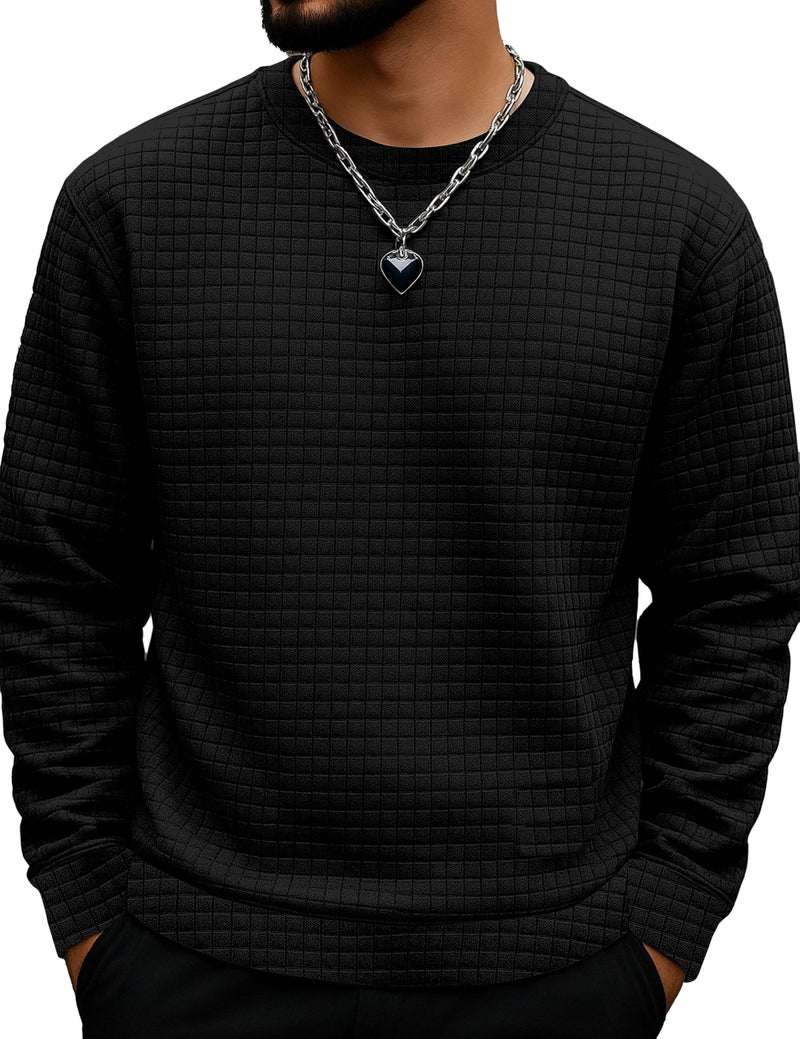 KAJARU Quilted Pattern Long Sleeve Sweatshirt, Round Neck, Men's Casual Pullover, Grey, Black, Beige (in, Alpha, M, Black) - Image 1