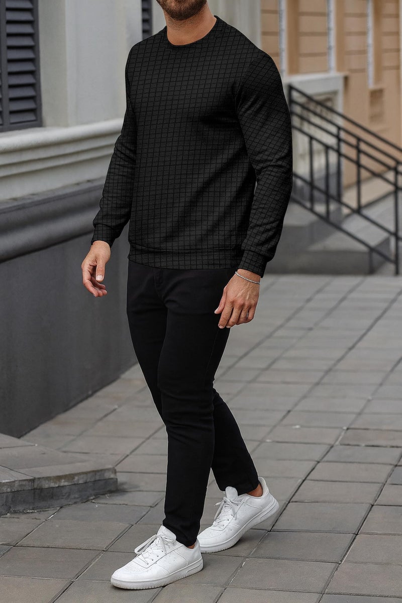 KAJARU Quilted Pattern Long Sleeve Sweatshirt, Round Neck, Men's Casual Pullover, Grey, Black, Beige (in, Alpha, M, Black) - Image 4