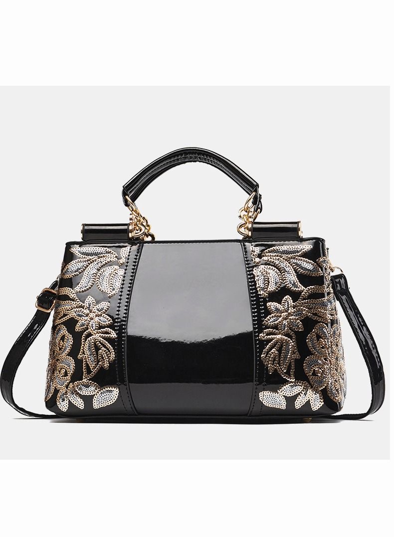 أنيق فاخر حقيبة يد جلدية عالية الجودة فريدة من نوعها لمعان الزفاف حجم كبير واحد الكتف نحت سيدة / أم / صديقة هدية سوداء - Image 2