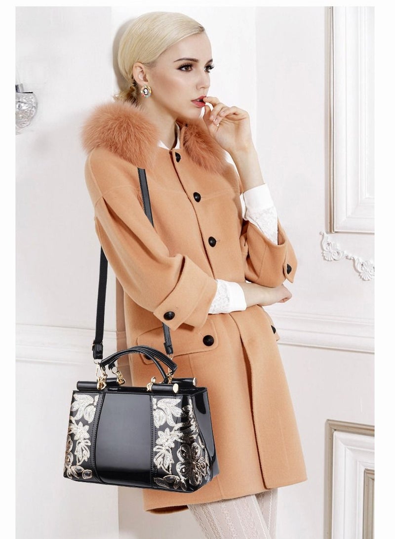 أنيق فاخر حقيبة يد جلدية عالية الجودة فريدة من نوعها لمعان الزفاف حجم كبير واحد الكتف نحت سيدة / أم / صديقة هدية سوداء - Image 5