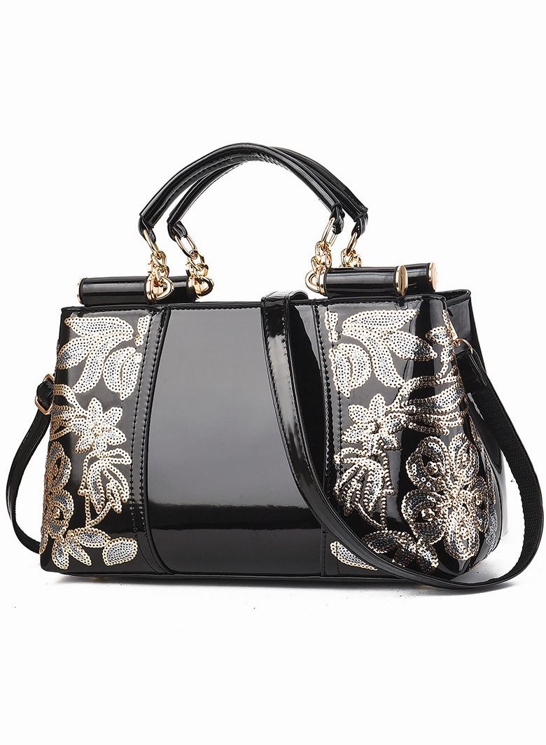 Elegant Black Patent Leather Handbag for Women - Floral Embroidery Top Handle Purse with Detachable Shoulder Strap, Versatile Satchel for Office and Party - Image 1