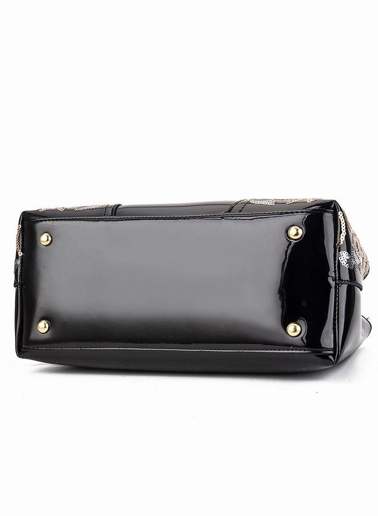 Elegant Black Patent Leather Handbag for Women - Floral Embroidery Top Handle Purse with Detachable Shoulder Strap, Versatile Satchel for Office and Party - Image 3