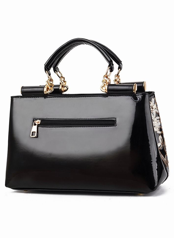 Elegant Black Patent Leather Handbag for Women - Floral Embroidery Top Handle Purse with Detachable Shoulder Strap, Versatile Satchel for Office and Party - Image 2