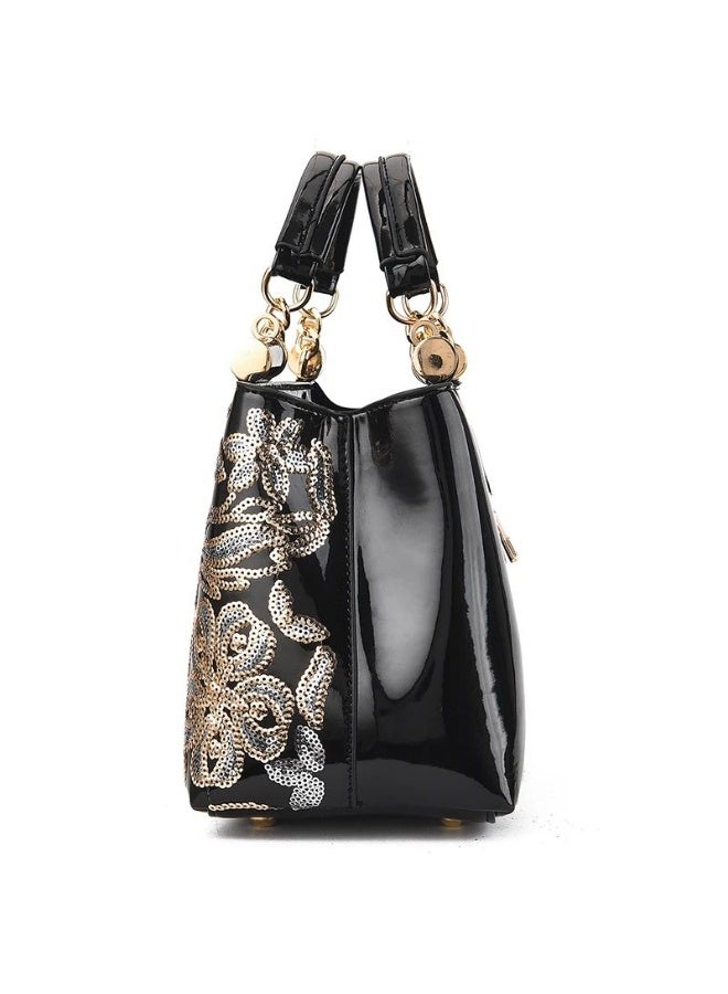 Elegant Black Patent Leather Handbag for Women - Floral Embroidery Top Handle Purse with Detachable Shoulder Strap, Versatile Satchel for Office and Party - Image 5