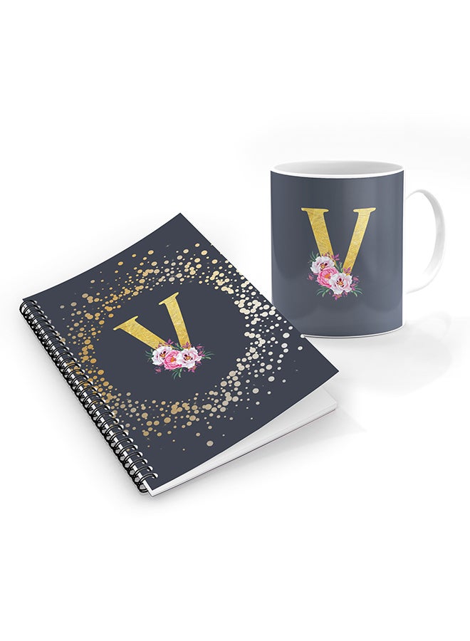Stylizedd Printed Coffee Mug + A5 Spiral Notebook Memo Personalised Combo Gift Set Custom Monogram Initial Letter Floral Pattern Alphabet - V  (Grey )