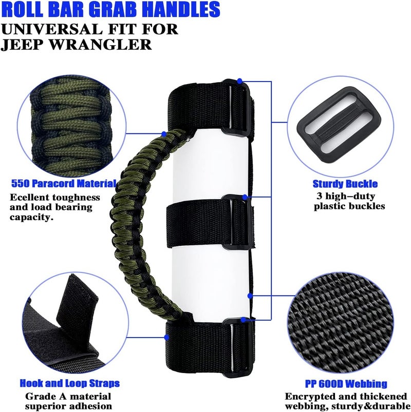 RDUNF 2 x Roll Bar Grab Handles Grip Handle for Jeep Wrangler YJ TJ JK JKU JL JLU Sahara Rubicon X Sports Freedom & Unlimited 1987-2022 (Black/Olive) - Image 2