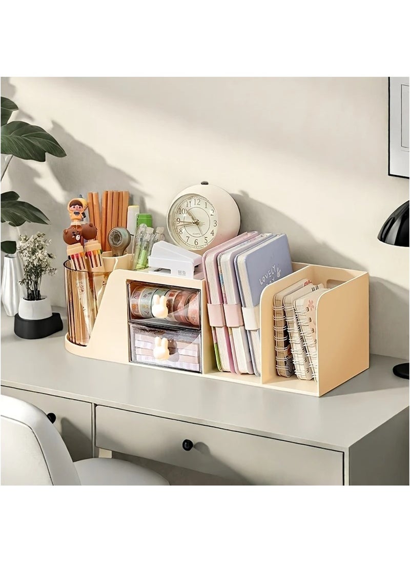 Hihonor Multi-Functional Desktop Organizer, Large Capacity Storage Box for Cosmetics, Books, Stationery, Jewelry, with Elastic Bands, Dorm Room Essentials, Plastic Material, Cream  - Image 1