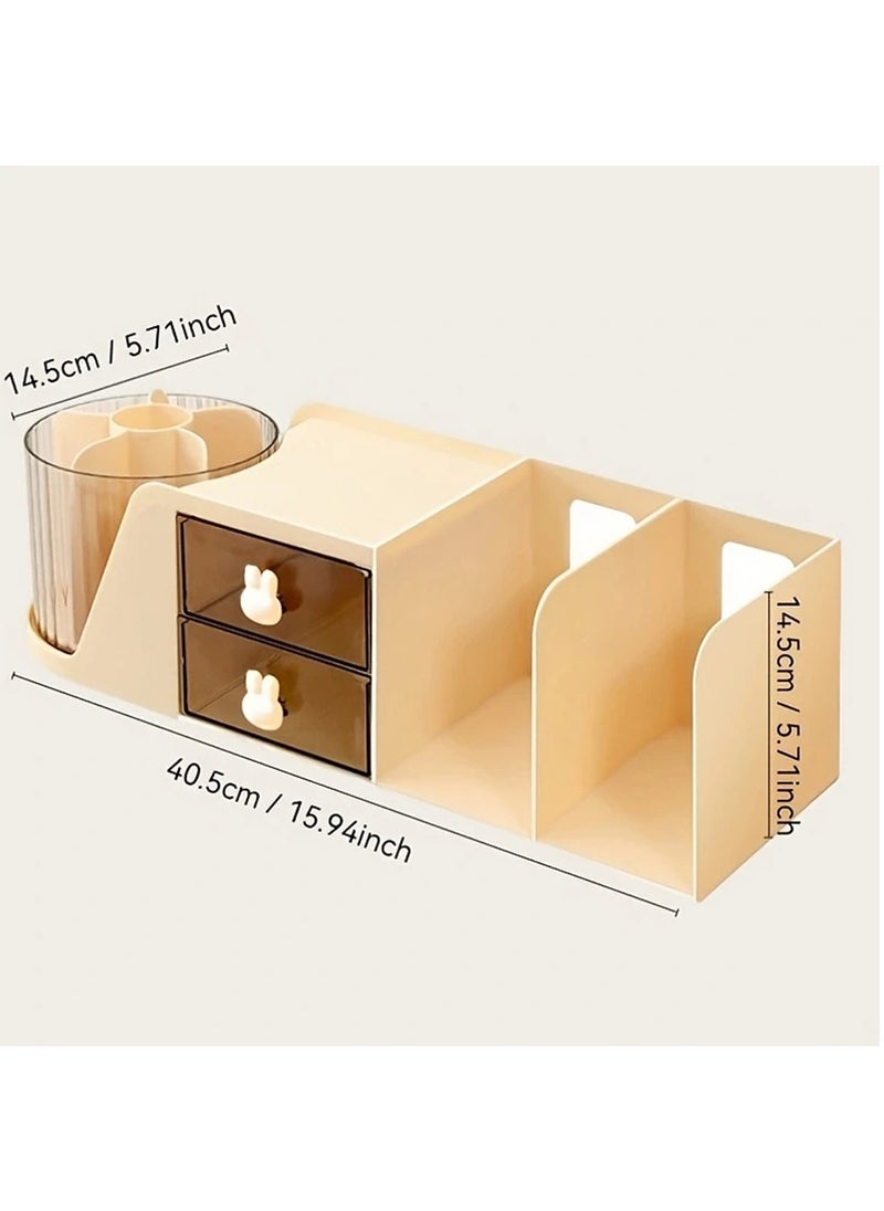 Hihonor Multi-Functional Desktop Organizer, Large Capacity Storage Box for Cosmetics, Books, Stationery, Jewelry, with Elastic Bands, Dorm Room Essentials, Plastic Material, Cream  - Image 5