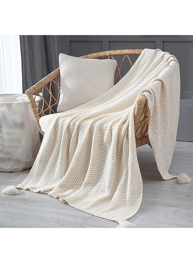 NANAO Knitted Throw Blankets, Cozy Lightweight Decorative Throw, Warm Woven Blanket with Tassels for Couch Sofa, Bed and Living Room, All Seasons Suitable for Women, Men and Kids (130X170cm, Beige) - Image 1