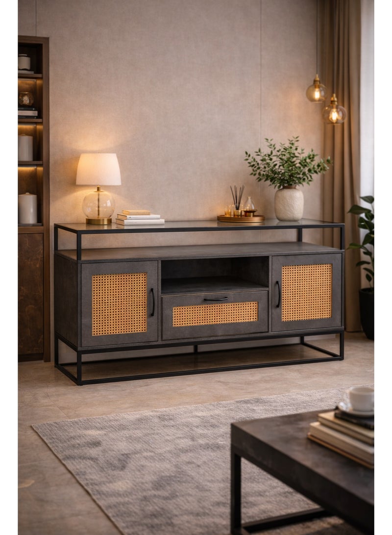 أيام البركة خزانة بوفيه خشبية عصرية 160×40×80 سم بأبواب راتان ودرج تخزين – سايد بورد بني داكن لغرفة المعيشة - Image 1