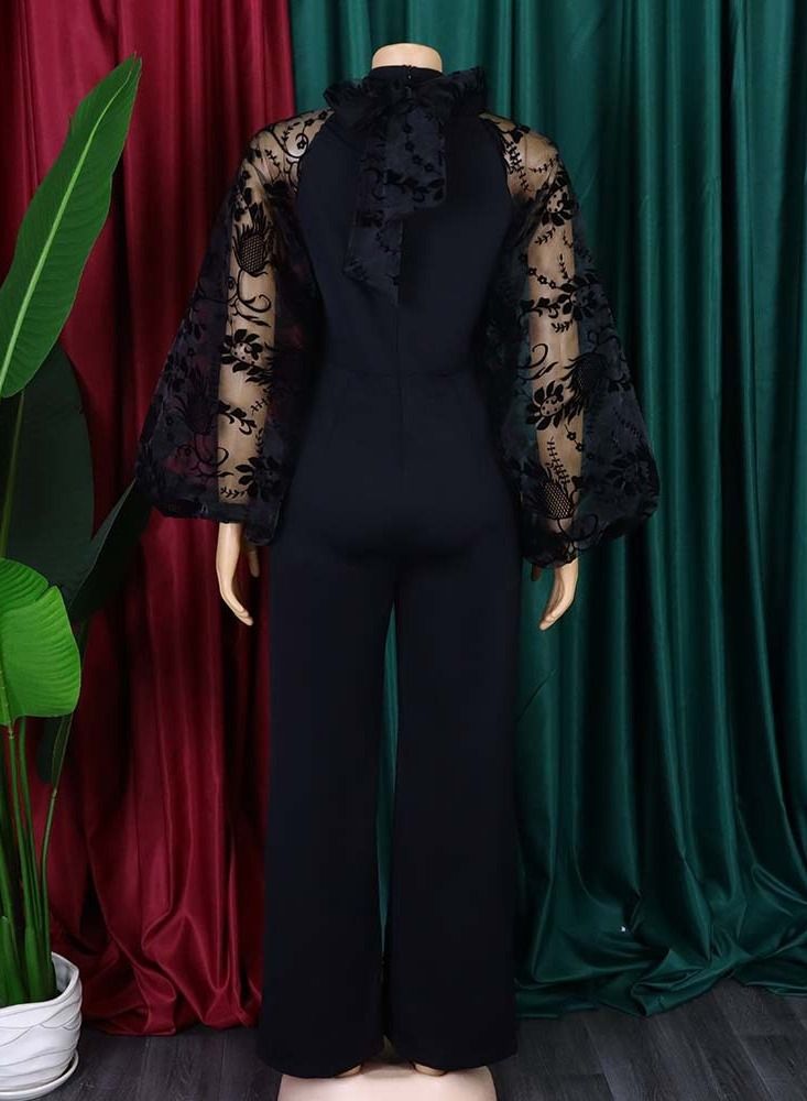 Loquat Lantern-sleeve Slim-fitting Wide-leg Jumpsuit Black  - Image 2