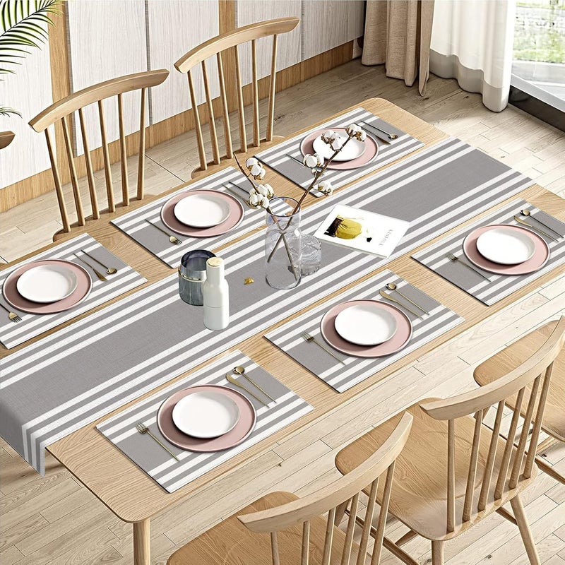 Emvency White Grey Stripes Table Runner and Placemats Set of 6,Modern Geometric Painting Art Dining Decor for Daily Use(1 Table Runner 72 inches Long and 6 Placemats) - Image 1