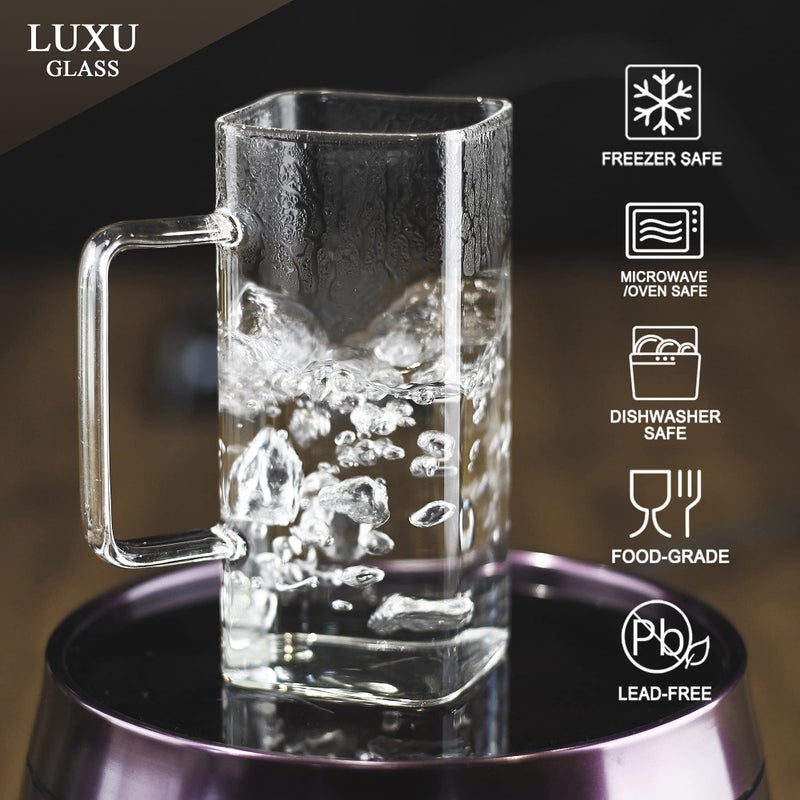 LUXU Drinking Glasses 13 oz With Handle,Set of 4 Thin Square Glasses,Elegant Bar Glassware For Water,Juice,Beer, Drinks,and Cocktails and Mixed Drinks,Lead-Free Drink Tumblers - Image 2