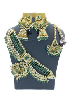 GOHONA GOHONA Royal Bling Bollywood Traditional Indian Kundan Choker Jewellery Necklace With Earrings Set and 1 Tikka in Green colour  - Image 2