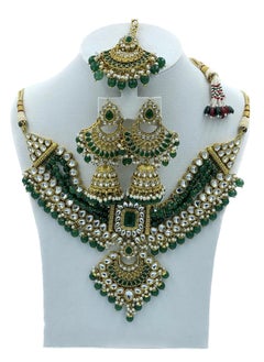 GOHONA GOHONA Royal Bling Bollywood Traditional Indian Kundan Choker Jewellery Necklace With Earrings Set and 1 Tikka in Green colour  - Image 1