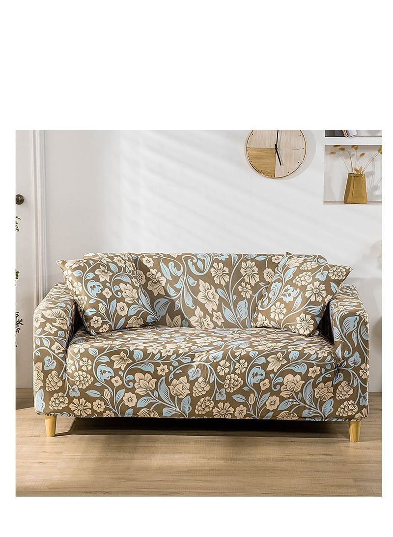 Y&D 3-Seater Exquisitely Floarl Designed Wrinkle-free Anti-slip 360-degree Full Coverage Sofa Slipcover Beige/Blue Length Stretch From 190 To 230cm - Image 1