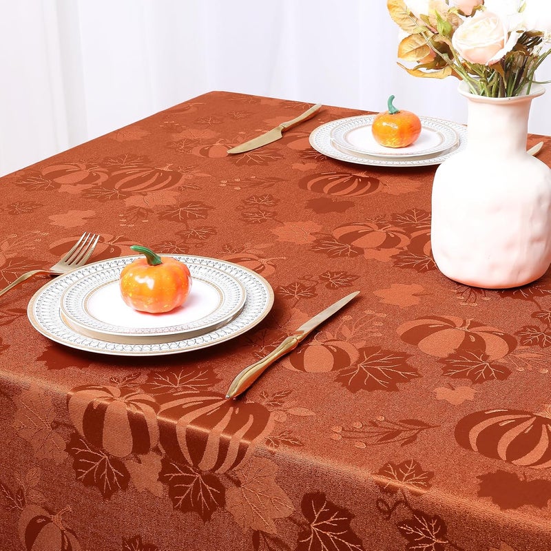 Smiry Rectangle Thanksgiving Tablecloth 60x102 Inch Fall Waterproof Damask Table Cloth Autumn Leaves Fabric Jacquard Table Covers for Harvest Parties and Holiday Dinner TerracottaRust - Image 2