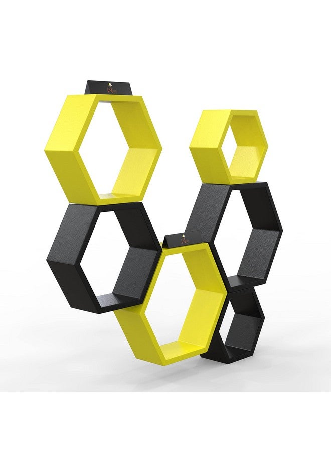 Raafi Hexagonal Shape Wooden Floating Wall Shelves (Set of 6) (Yellow & Black) - Image 5