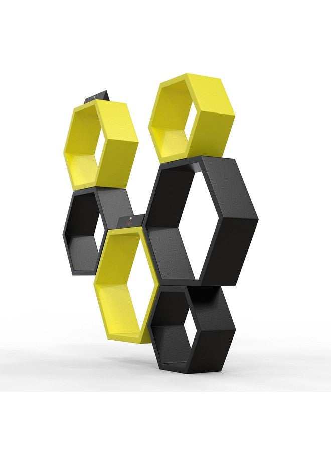 Raafi Hexagonal Shape Wooden Floating Wall Shelves (Set of 6) (Yellow & Black) - Image 2