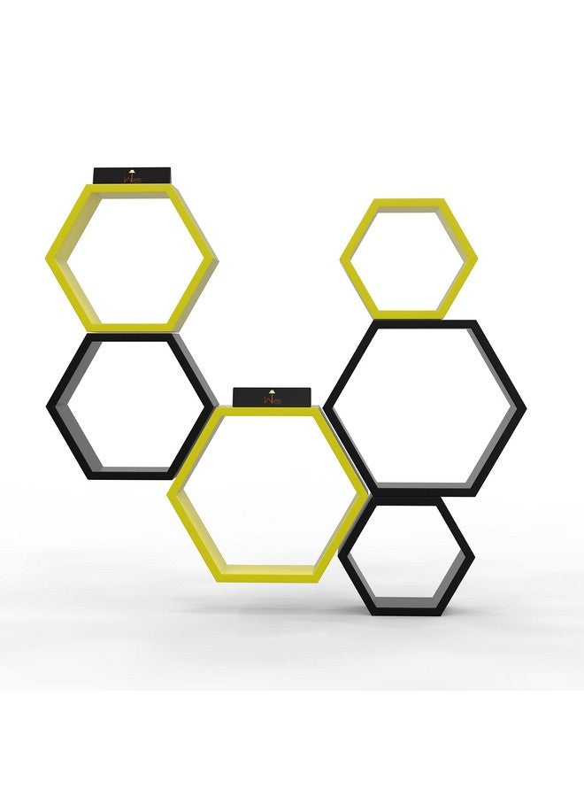 Raafi Hexagonal Shape Wooden Floating Wall Shelves (Set of 6) (Yellow & Black) - Image 3