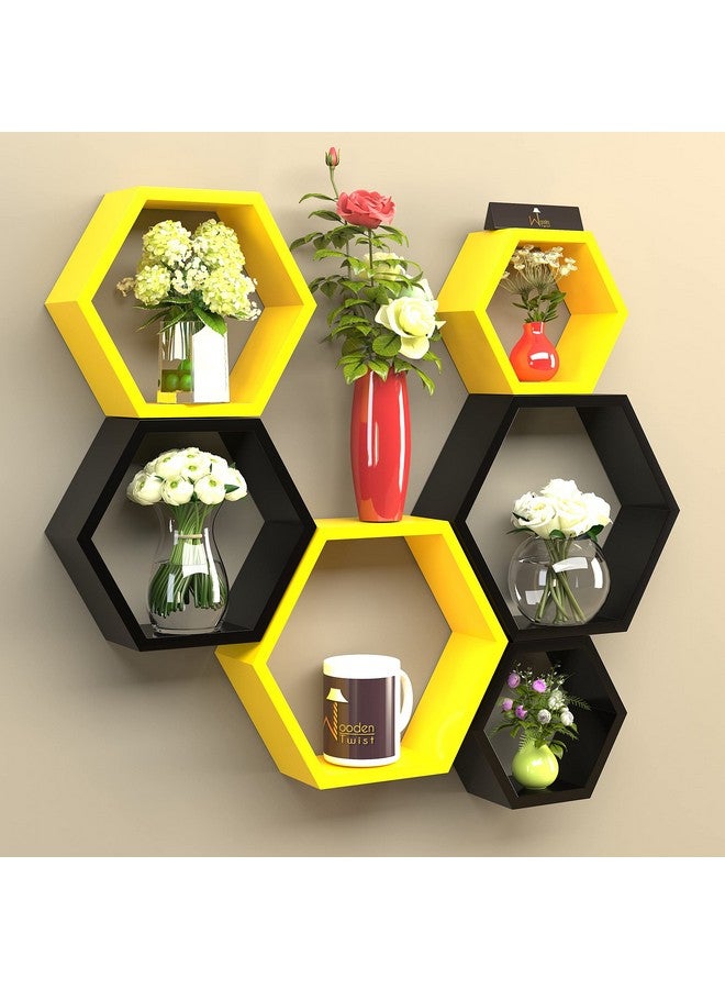Raafi Hexagonal Shape Wooden Floating Wall Shelves (Set of 6) (Yellow & Black) - Image 1