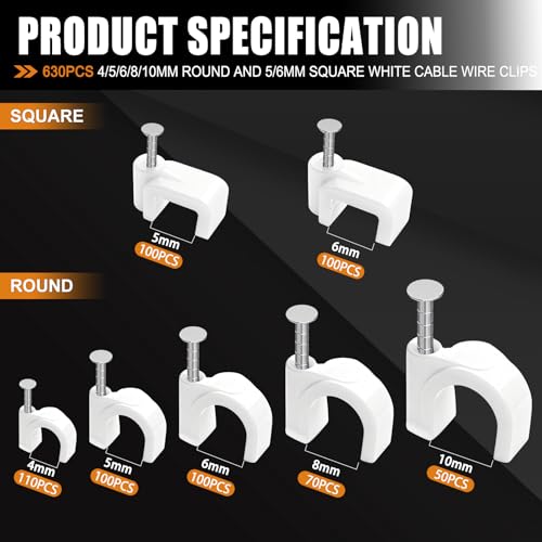 mankk 630PCS Cable Clips Nail in Cable Clips Wire Clips 4/5/6/8/10mm Round & Square Ethernet Cables Wall Clips for Cords RG6 RG59 CAT5 CAT6 RJ45 - Image 2