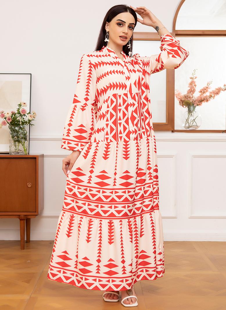 فرايديين انيق دائري تباين اللون الربط الربط غير منتظم الكم المنفوخ فساتين طويلة احمر - Image 1