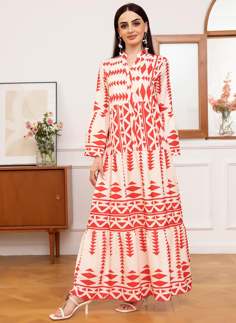 فرايديين انيق دائري تباين اللون الربط الربط غير منتظم الكم المنفوخ فساتين طويلة احمر - Image 5