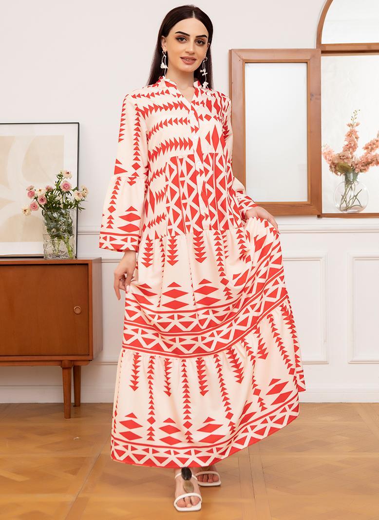 فرايديين انيق دائري تباين اللون الربط الربط غير منتظم الكم المنفوخ فساتين طويلة احمر - Image 4