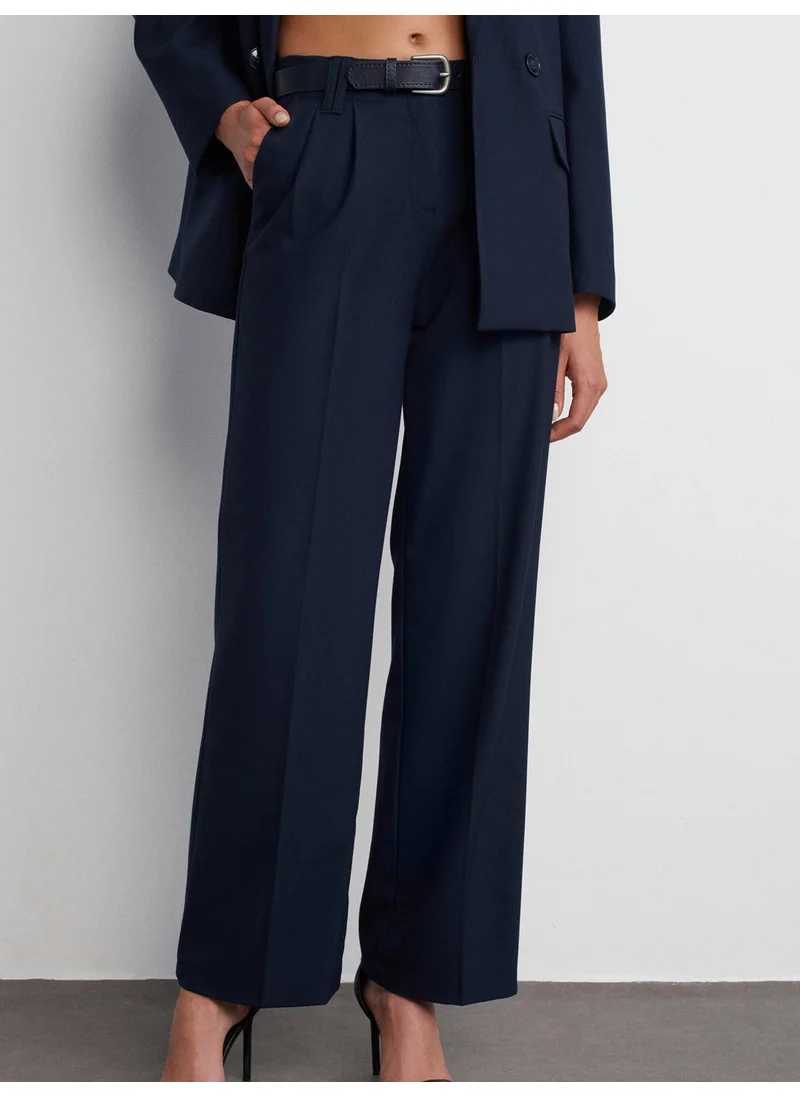 Dilvin 71550 Belted Smart Trousers-Navy Blue