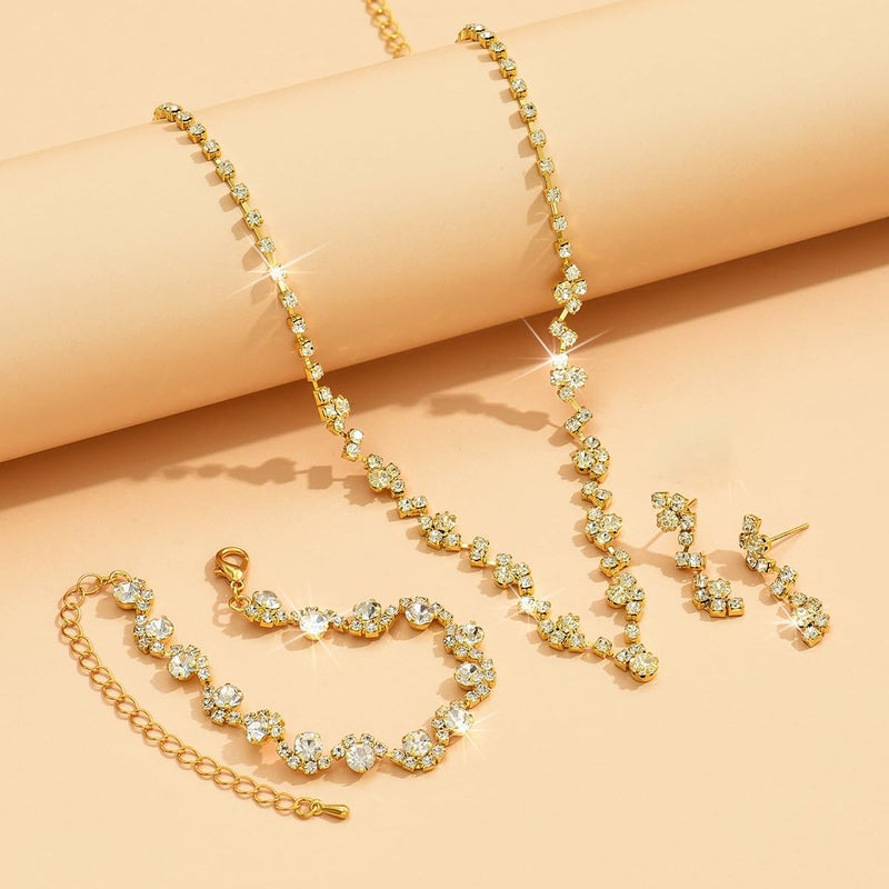 Cicod Prom Earrings Necklace Bracelet Set Elegant Crystal Rhinestone Necklace Earrings Bracelet Bridal Wedding Prom Dresses Costume Gold Jewelry Sets for Women New Year Valentine's Day Outfit - Image 5
