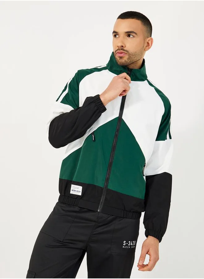 Styli Retro Color Block Windbreaker Jacket with Patch Detail