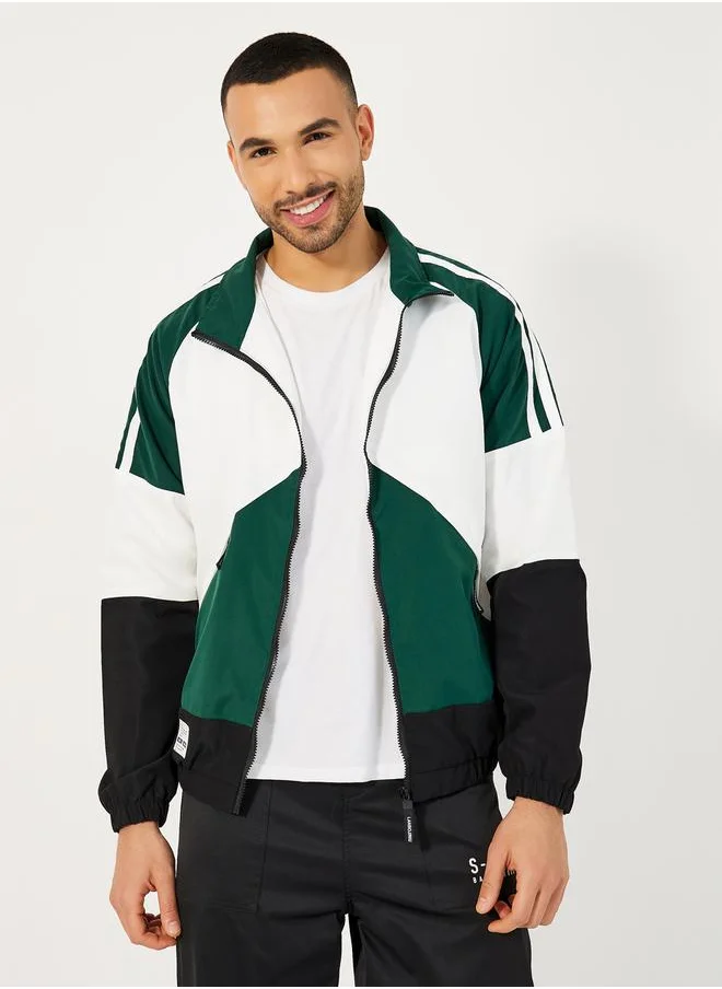 Styli Retro Color Block Windbreaker Jacket with Patch Detail