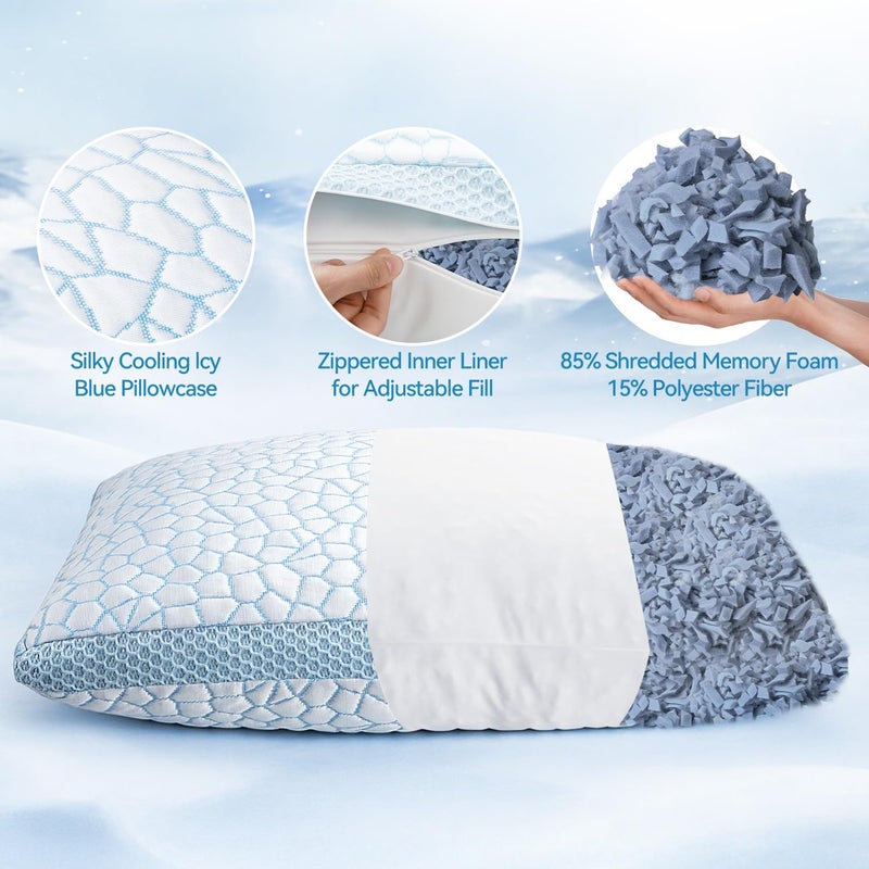 QUTOOL Double Sided Cooling Pillow for Hot Sleepers, Shredded Memory Foam Pillows King Size Set of 2, Adjustable Soft & Firm Gel Bed Pillow for Side, Back, Stomach Sleepers - Image 4