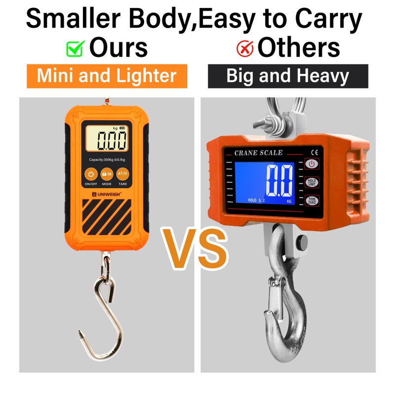 UNIWEIGH Digital Hanging Scale,Mini Crane Scale 300kg/660lb,Postal Luggage Scale with LCD Display,Portable Handheld and Large Hook,Deer Scale with Hold &Tare Function for Garage Farms Hunting Fishing - Image 3