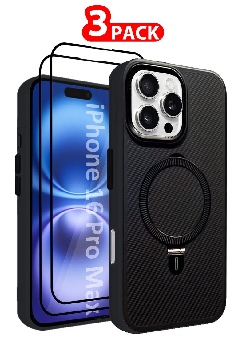 CATANES ( for iPhone 16 Pro Max ) 2Packs, Carbon Fiber Case Cover, Kickstand  Metal Bracket, Magsafe Compatible with 2 Shockproof Screen Protectors - Black  - Image 1