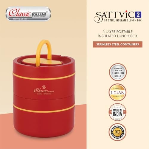 Classic Steels Sattvic Insulated Stainless Steel Lunch Box Container, 550 ml & 1 Container 350 ml, 1 Spoon | Microwave Safe | Leak Proof Air Tight Lunch Box| Keep Your Meal Fresh and Hot Upto 4 Hours - Image 3
