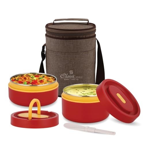 Classic Steels Sattvic Insulated Stainless Steel Lunch Box Container, 550 ml & 1 Container 350 ml, 1 Spoon | Microwave Safe | Leak Proof Air Tight Lunch Box| Keep Your Meal Fresh and Hot Upto 4 Hours - Image 1